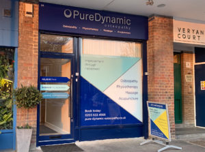 the front entrance of Pure Dynamic Health's Park Road clinic, on Veryan Court in Crouch End