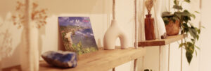close-up detail of a shelf in one of our clinics displaying calming objects